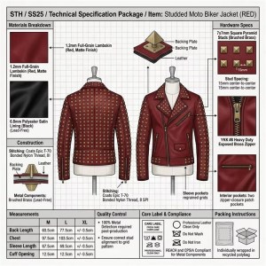 Custom Men's Red Leather Biker Jacket with Studded & Embroidered Detailing
