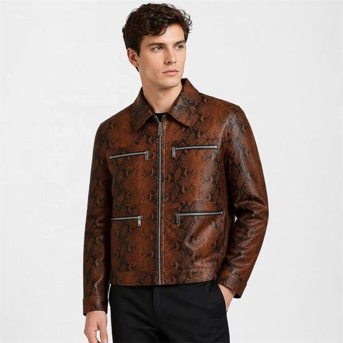 Custom Men's Red Cowhide Leather Biker Jacket with Printed Detailing