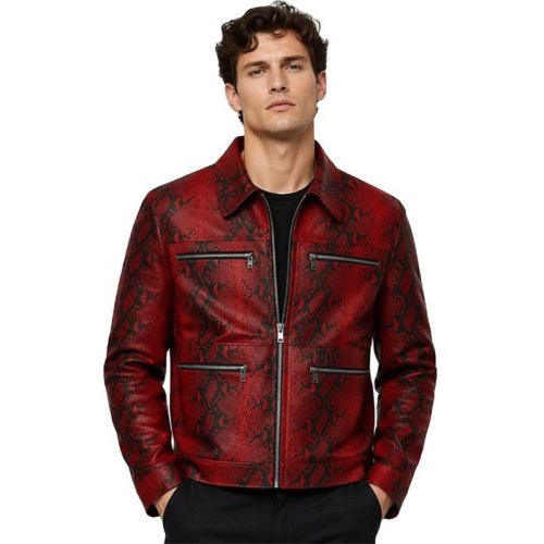 Custom Men's Red Cowhide Leather Biker Jacket with Printed Detailing
