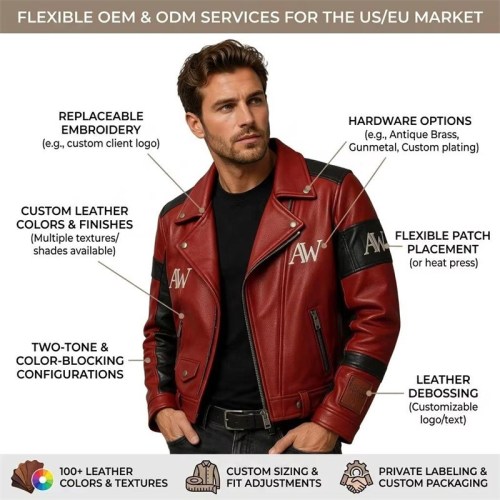 Custom Men's Black & Red Leather Biker Jacket with Embroidered & Applique Detailing