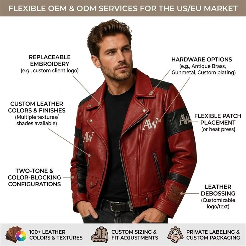 Custom Men's Black & Red Leather Biker Jacket with Embroidered & Applique Detailing