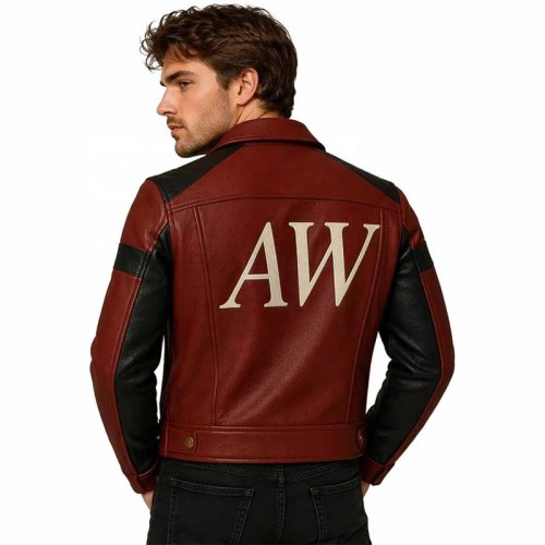 Custom Men's Black & Red Leather Biker Jacket with Embroidered & Applique Detailing