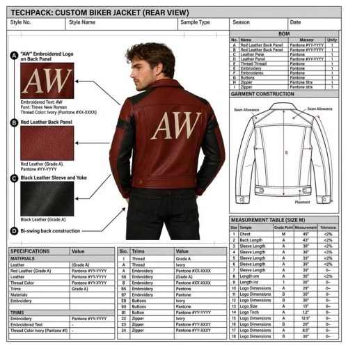Custom Men's Black & Red Leather Biker Jacket with Embroidered & Applique Detailing