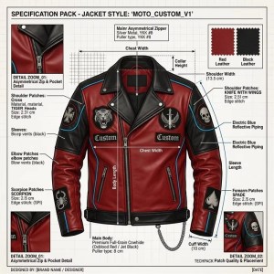 Custom Men's Black & Red Leather Biker Jacket with Embroidered & Patchwork Detailing