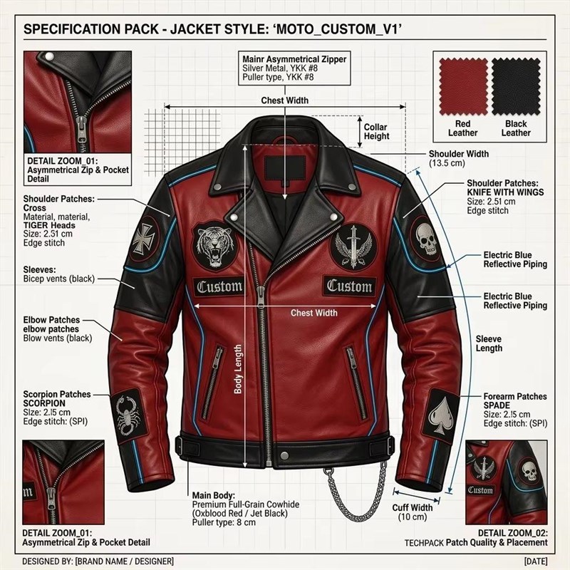 Custom Men's Black & Red Leather Biker Jacket with Embroidered & Patchwork Detailing