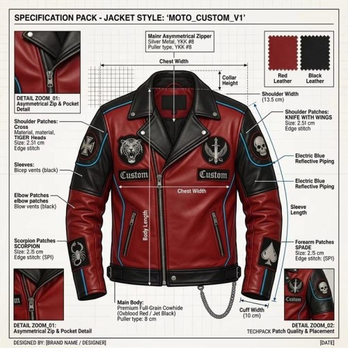 Custom Men's Black & Red Leather Biker Jacket with Embroidered & Patchwork Detailing