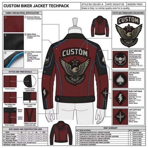 Custom Men's Black & Red Leather Biker Jacket with Embroidered & Patchwork Detailing