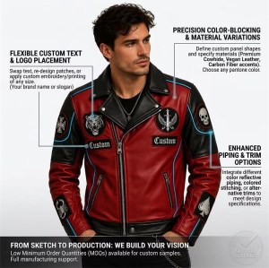 Custom Men's Black & Red Leather Biker Jacket with Embroidered & Patchwork Detailing