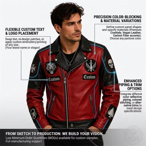Custom Men's Black & Red Leather Biker Jacket with Embroidered & Patchwork Detailing