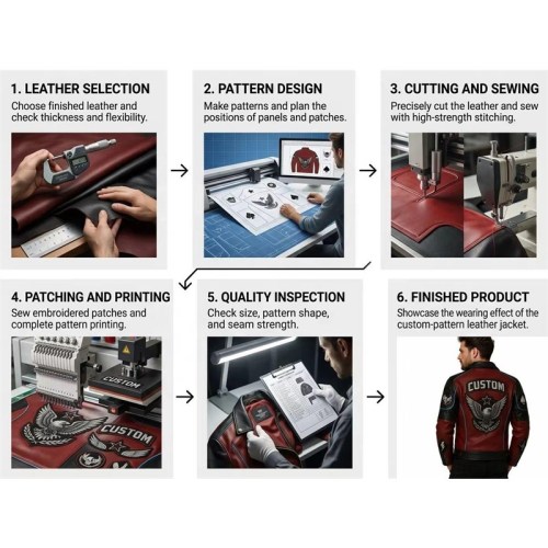 Custom Men's Black & Red Leather Biker Jacket with Embroidered & Patchwork Detailing