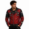 Custom Men's Black & Red Leather Biker Jacket with Embroidered & Patchwork Detailing