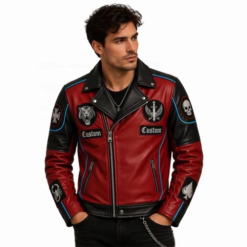 Custom Men's Black & Red Leather Biker Jacket with Embroidered & Patchwork Detailing