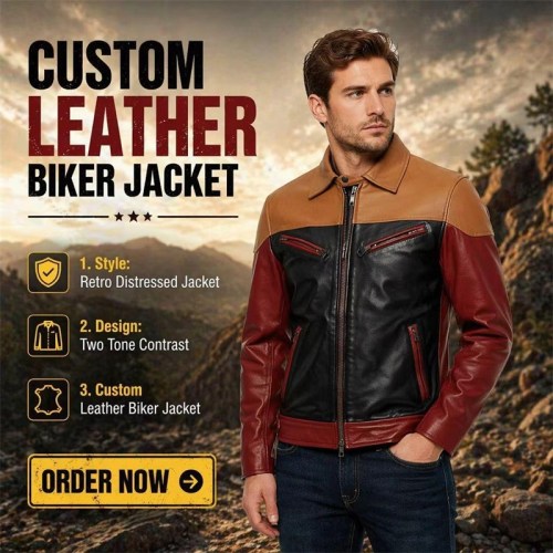 Custom Men's Black & Tan Leather Biker Jacket with Two Tone Detailing