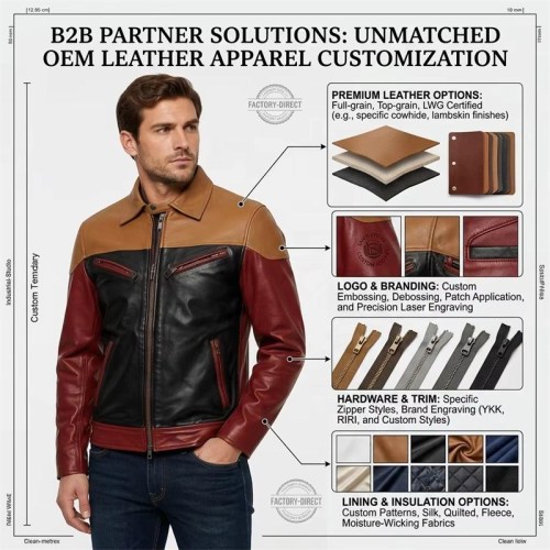 Custom Men's Black & Tan Leather Biker Jacket with Two Tone Detailing