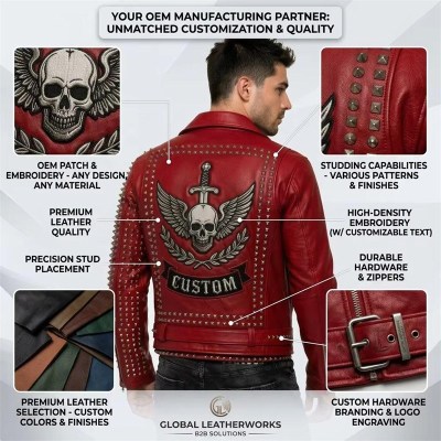 Custom Men's Red Leather Biker Jacket with Spiked & Embroidered Detailing