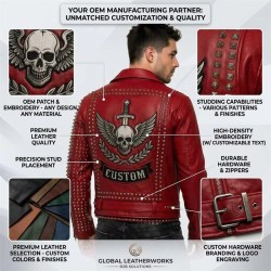 Custom Men's Red Leather Biker Jacket with Spiked & Embroidered Detailing