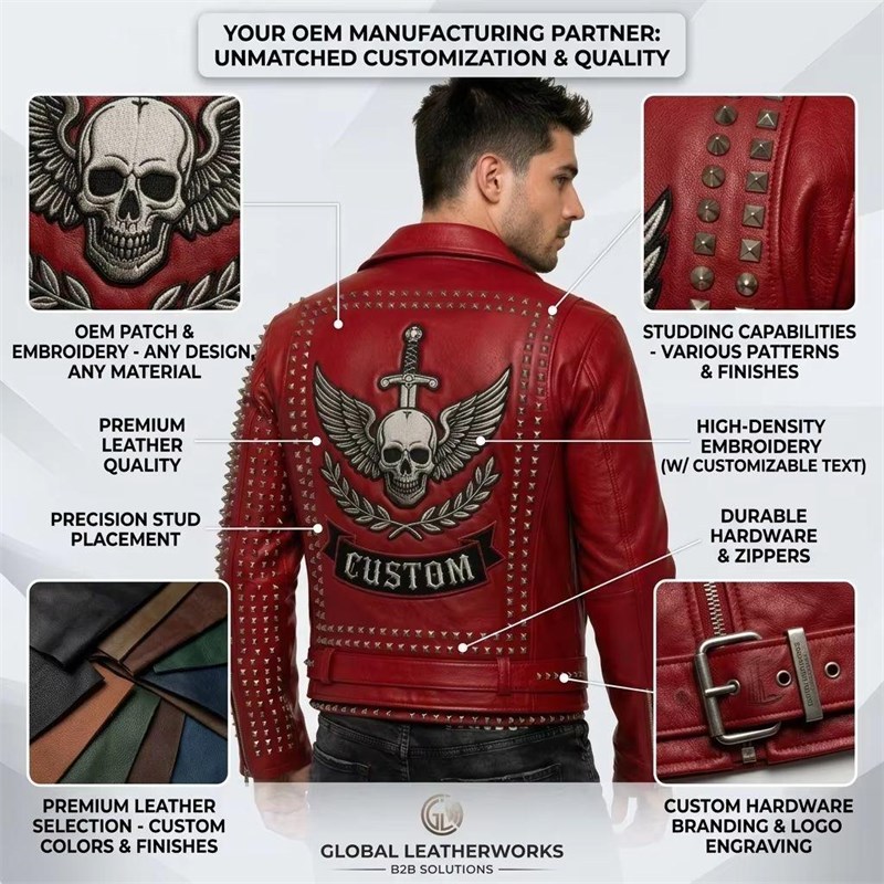 Custom Men's Red Leather Biker Jacket with Spiked & Embroidered Detailing