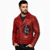 Custom Men's Red Leather Biker Jacket with Spiked & Embroidered Detailing