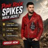 Custom Men's Red Leather Biker Jacket with Spiked & Embroidered Detailing