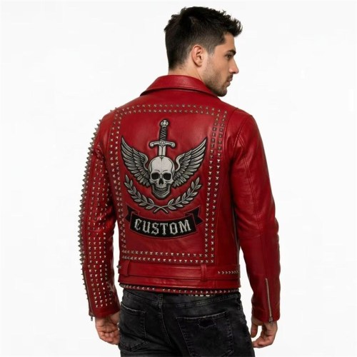 Custom Men's Red Leather Biker Jacket with Spiked & Embroidered Detailing