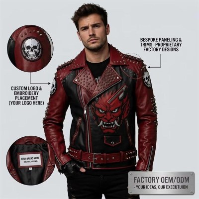 Custom Men's Black & Red Leather Biker Jacket with Studded Detailing