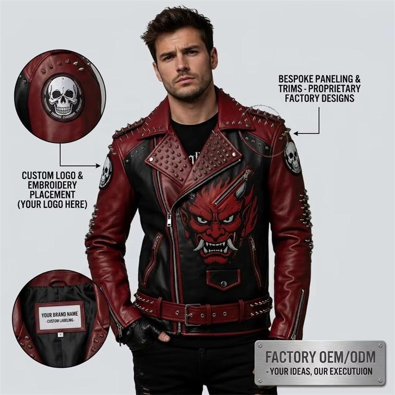 Custom Men's Black & Red Leather Biker Jacket with Studded Detailing