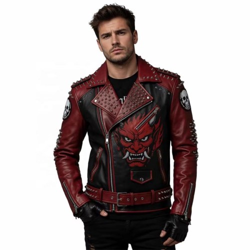 Custom Men's Black & Red Leather Biker Jacket with Studded Detailing