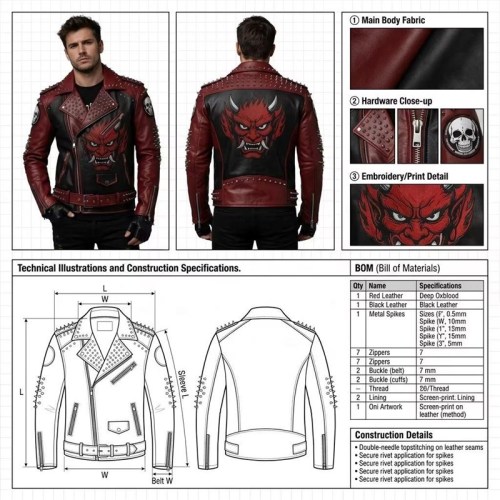 Custom Men's Black & Red Leather Biker Jacket with Studded Detailing