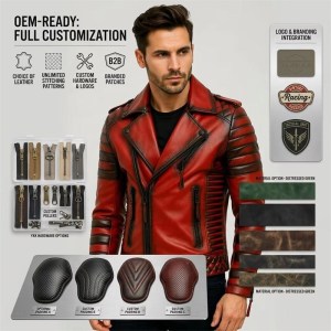 Custom Men's Red Leather Biker Jacket with Distressed Detailing