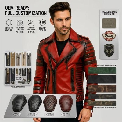 Custom Men's Red Leather Biker Jacket with Distressed Detailing