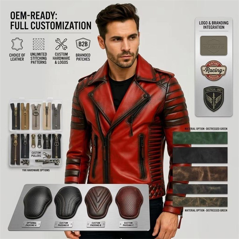 Custom Men's Red Leather Biker Jacket with Distressed Detailing