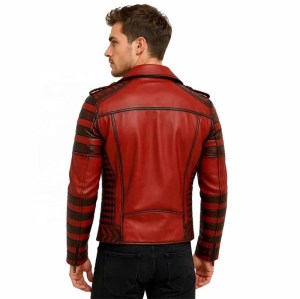 Custom Men's Red Leather Biker Jacket with Distressed Detailing