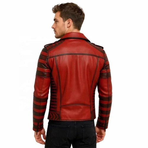 Custom Men's Red Leather Biker Jacket with Distressed Detailing