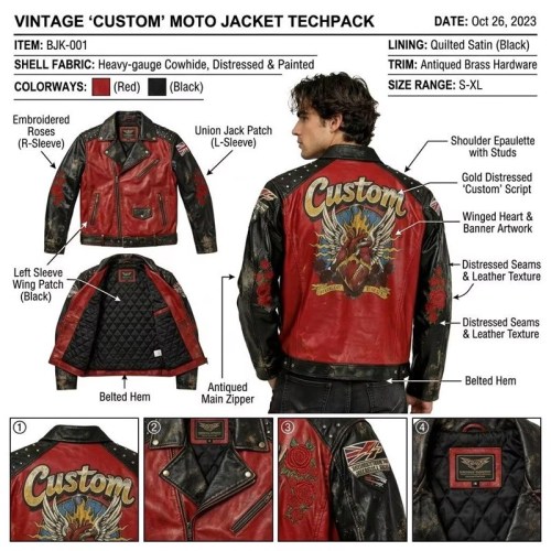 Custom Men's Leather Biker Jacket with Studded & Printed Detailing
