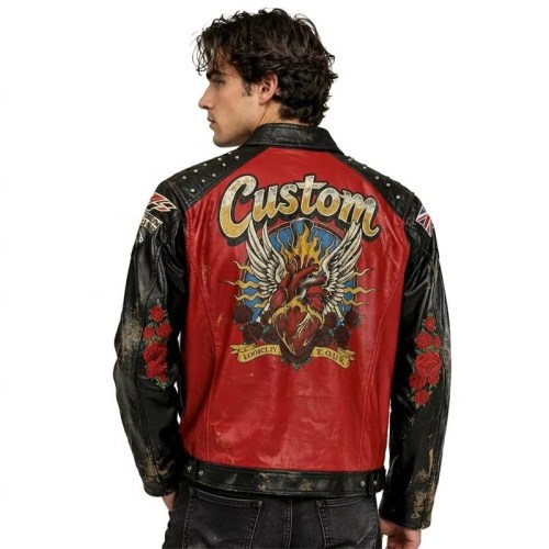 Custom Men's Leather Biker Jacket with Studded & Printed Detailing
