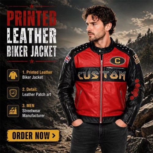 Custom Men's Leather Biker Jacket with Studded & Printed Detailing