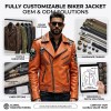 Custom Men's Orange Leather Biker Jacket with Studded Detailing, Skull & Rocker