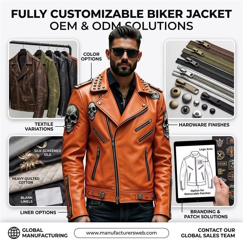 Custom Men's Orange Leather Biker Jacket with Studded Detailing, Skull & Rocker
