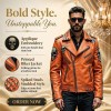 Custom Men's Orange Leather Biker Jacket with Studded Detailing, Skull & Rocker