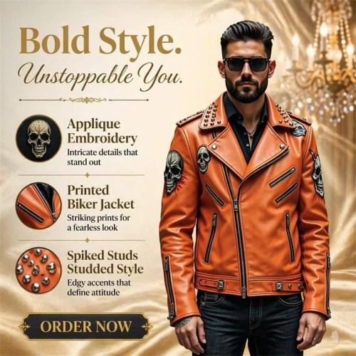 Custom Men's Orange Leather Biker Jacket with Studded Detailing, Skull & Rocker
