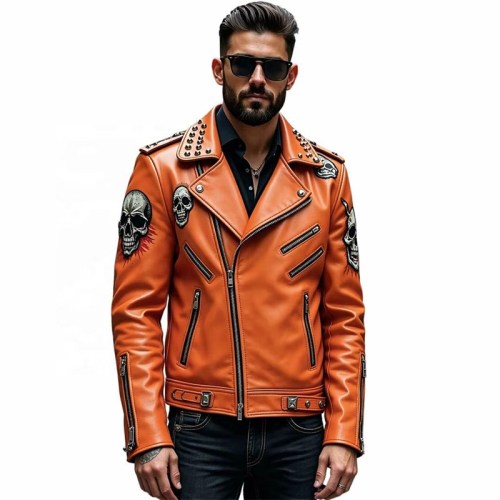 Custom Men's Orange Leather Biker Jacket with Studded Detailing, Skull & Rocker