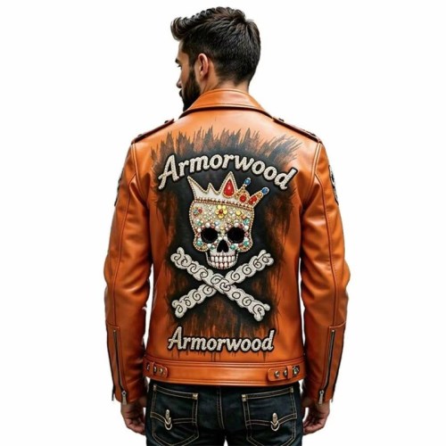 Custom Men's Orange Leather Biker Jacket with Studded Detailing, Skull & Rocker