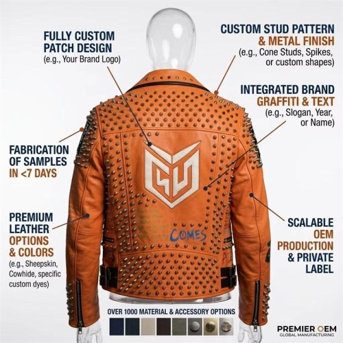 Custom Men's Orange Leather Biker Jacket with Studded & Patchwork Detailing, Punk Rock & Rocker
