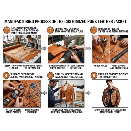 Custom Men's Orange Leather Biker Jacket with Studded & Patchwork Detailing, Punk Rock & Rocker