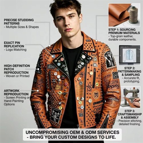 Custom Men's Orange Leather Biker Jacket with Studded & Patchwork Detailing, Punk Rock & Rocker