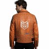 Custom Men's Orange Leather Biker Jacket with Studded & Patchwork Detailing, Punk Rock & Rocker