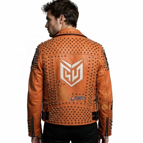 Custom Men's Orange Leather Biker Jacket with Studded & Patchwork Detailing, Punk Rock & Rocker