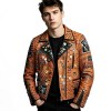 Custom Men's Orange Leather Biker Jacket with Studded & Patchwork Detailing, Punk Rock & Rocker