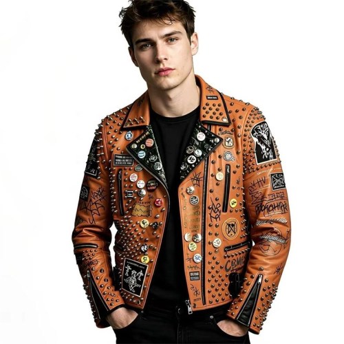 Custom Men's Orange Leather Biker Jacket with Studded & Patchwork Detailing, Punk Rock & Rocker