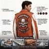 Custom Men's Orange Leather Biker Jacket with Studded & Patchwork Detailing, Skull & Punk Rock